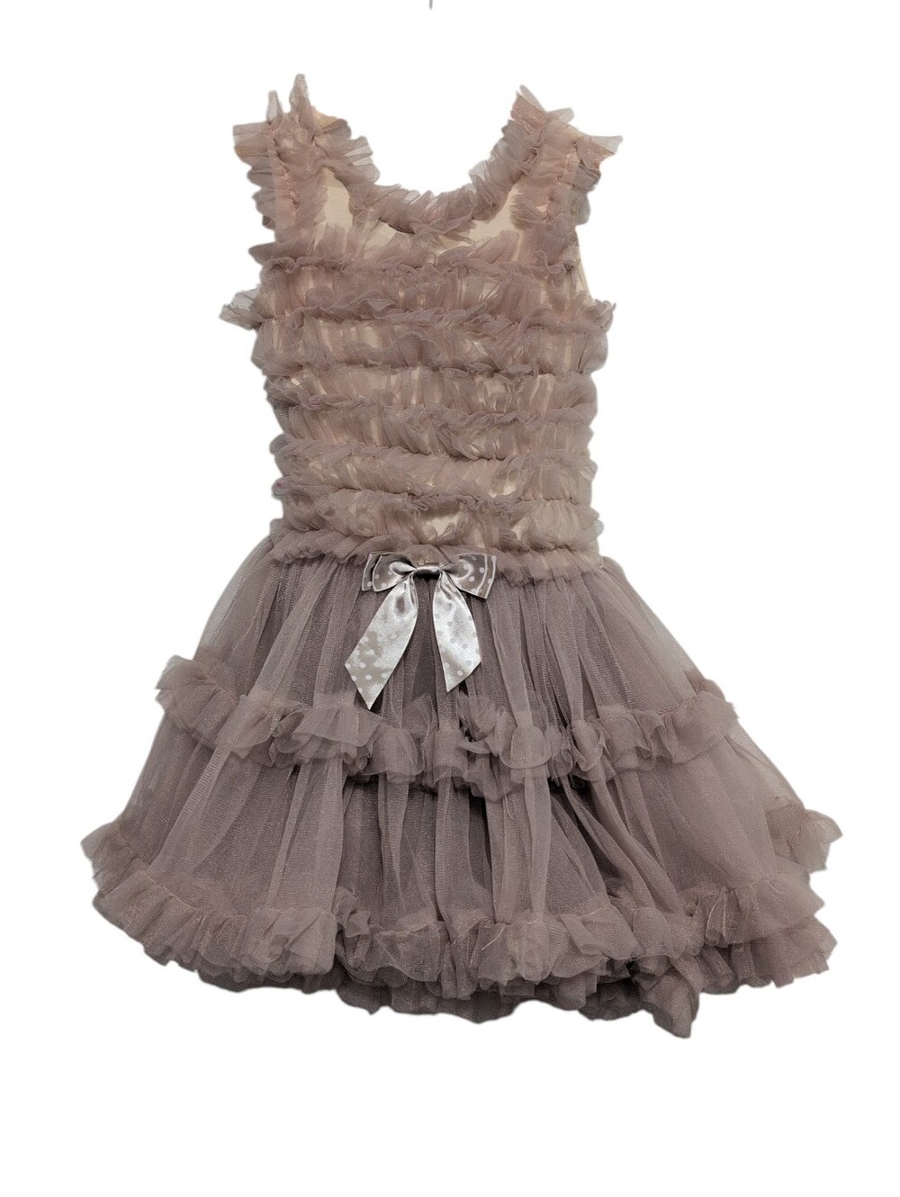 Popatu Tutu Dress Taupe Tiered Ruffles Satin Bow Size 6/7